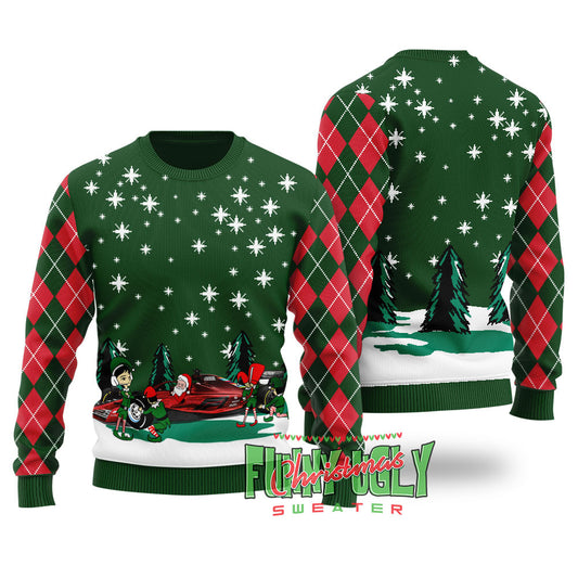 Funny Santa Riding F1 Ugly Christmas Sweater Forest Green