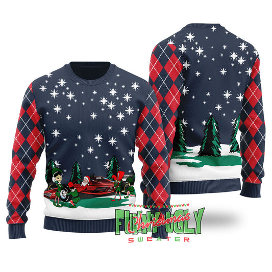Funny Santa Riding F1 Ugly Christmas Sweater Navy