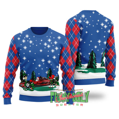 Funny Santa Riding F1 Ugly Christmas Sweater Royal