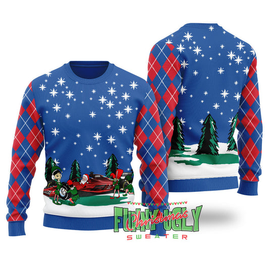 Funny Santa Riding F1 Ugly Christmas Sweater Royal