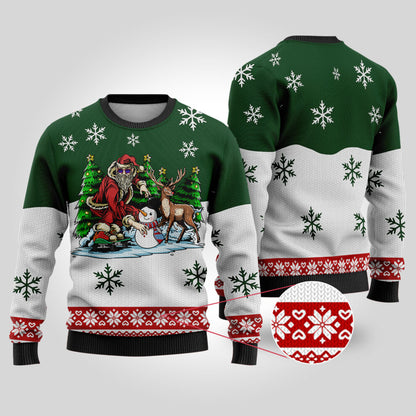 Funny Santa Skateboard Forest Green Ugly Christmas Sweater - Funny Ugly Christmas Sweater