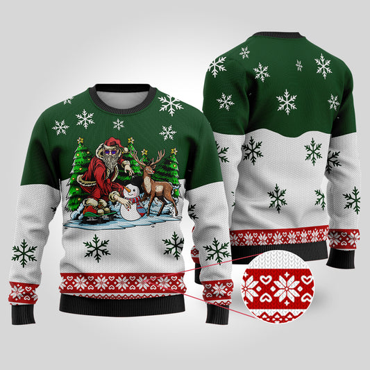 Funny Santa Skateboard Forest Green Ugly Christmas Sweater - Funny Ugly Christmas Sweater