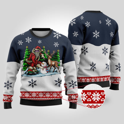 Funny Santa Skateboard Navy Ugly Christmas Sweater - Funny Ugly Christmas Sweater