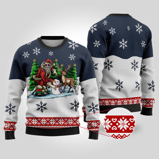 Funny Santa Skateboard Navy Ugly Christmas Sweater - Funny Ugly Christmas Sweater