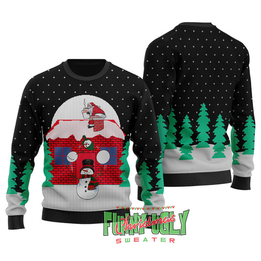 Funny Santa Snowman Ugly Christmas Sweater Black
