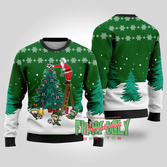 Funny Santa Soccer Ugly Christmas Sweater Forest Green