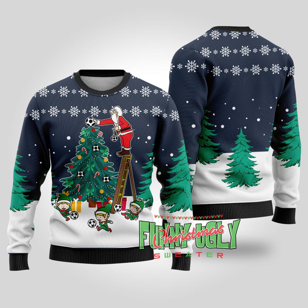 Funny Santa Soccer Ugly Christmas Sweater Navy