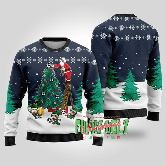 Funny Santa Soccer Ugly Christmas Sweater Navy