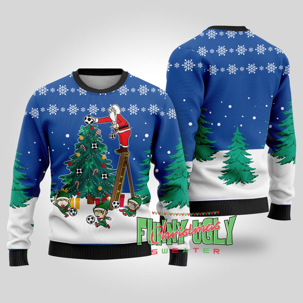 Funny Santa Soccer Ugly Christmas Sweater Royal