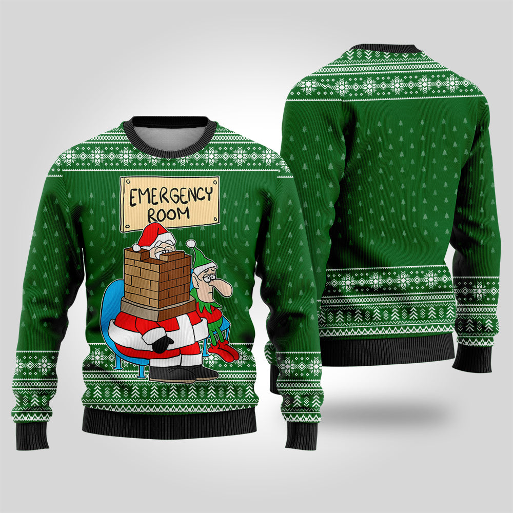 Funny Santa Stuck in Emergency Room Ugly Christmas Sweater Forest Green