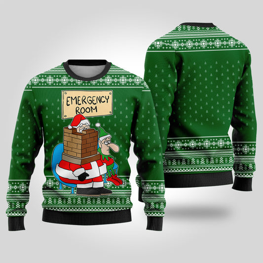 Funny Santa Stuck in Emergency Room Ugly Christmas Sweater Forest Green
