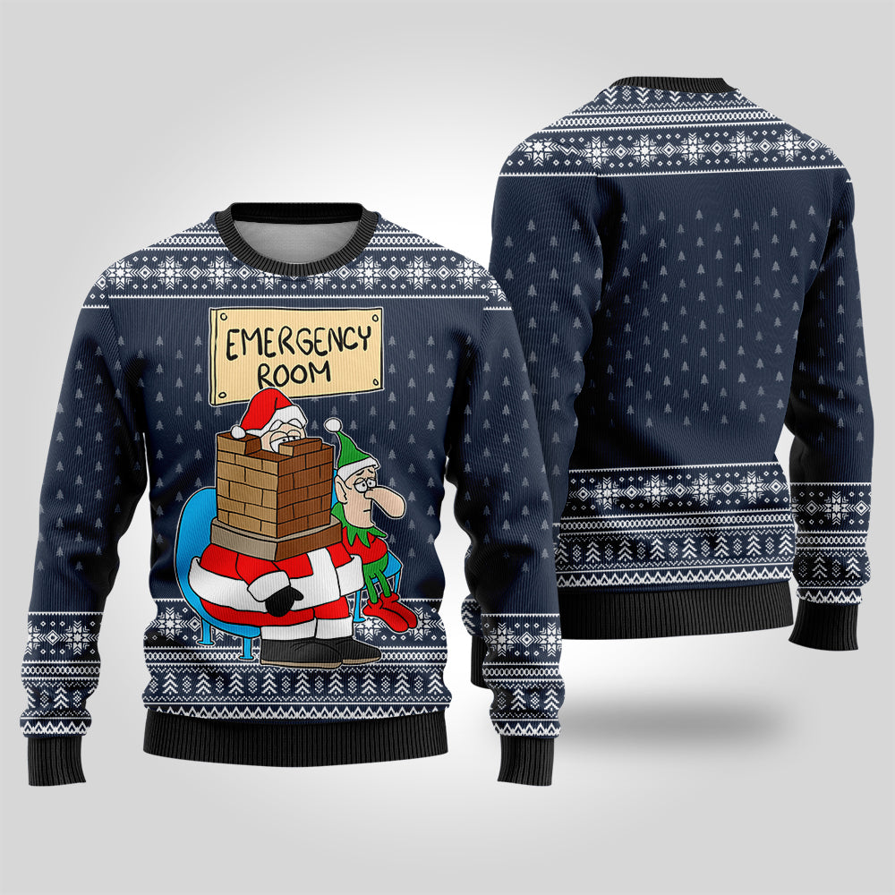 Funny Santa Stuck In Emergency Room Ugly Christmas Sweater Navy