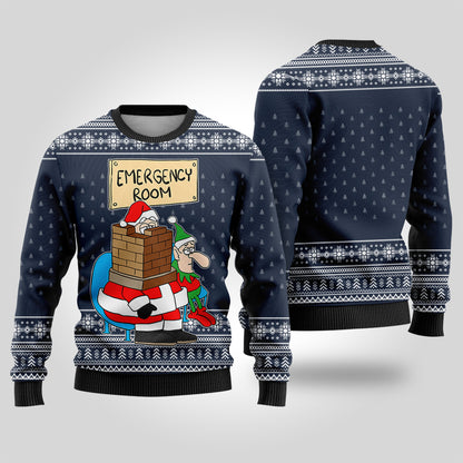 Funny Santa Stuck In Emergency Room Ugly Christmas Sweater Navy