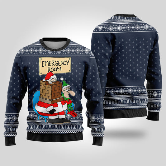 Funny Santa Stuck In Emergency Room Ugly Christmas Sweater Navy