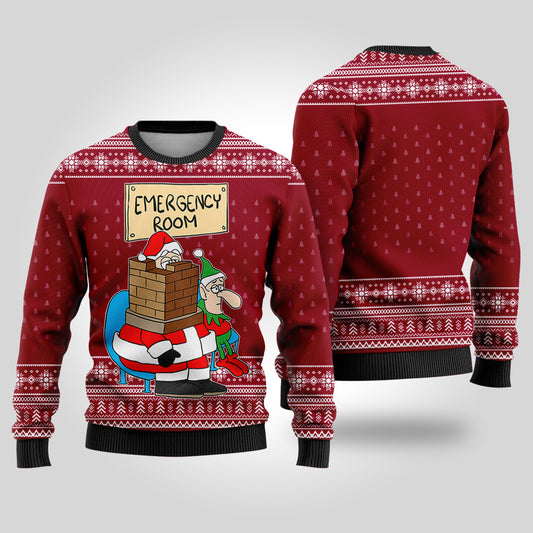 Funny Santa Stuck in Emergency Room Ugly Christmas Sweater Cardinal Red