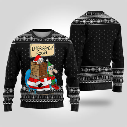Funny Santa Stuck in Emergency Room Ugly Christmas Sweater Black