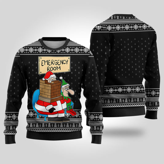 Funny Santa Stuck in Emergency Room Ugly Christmas Sweater Black