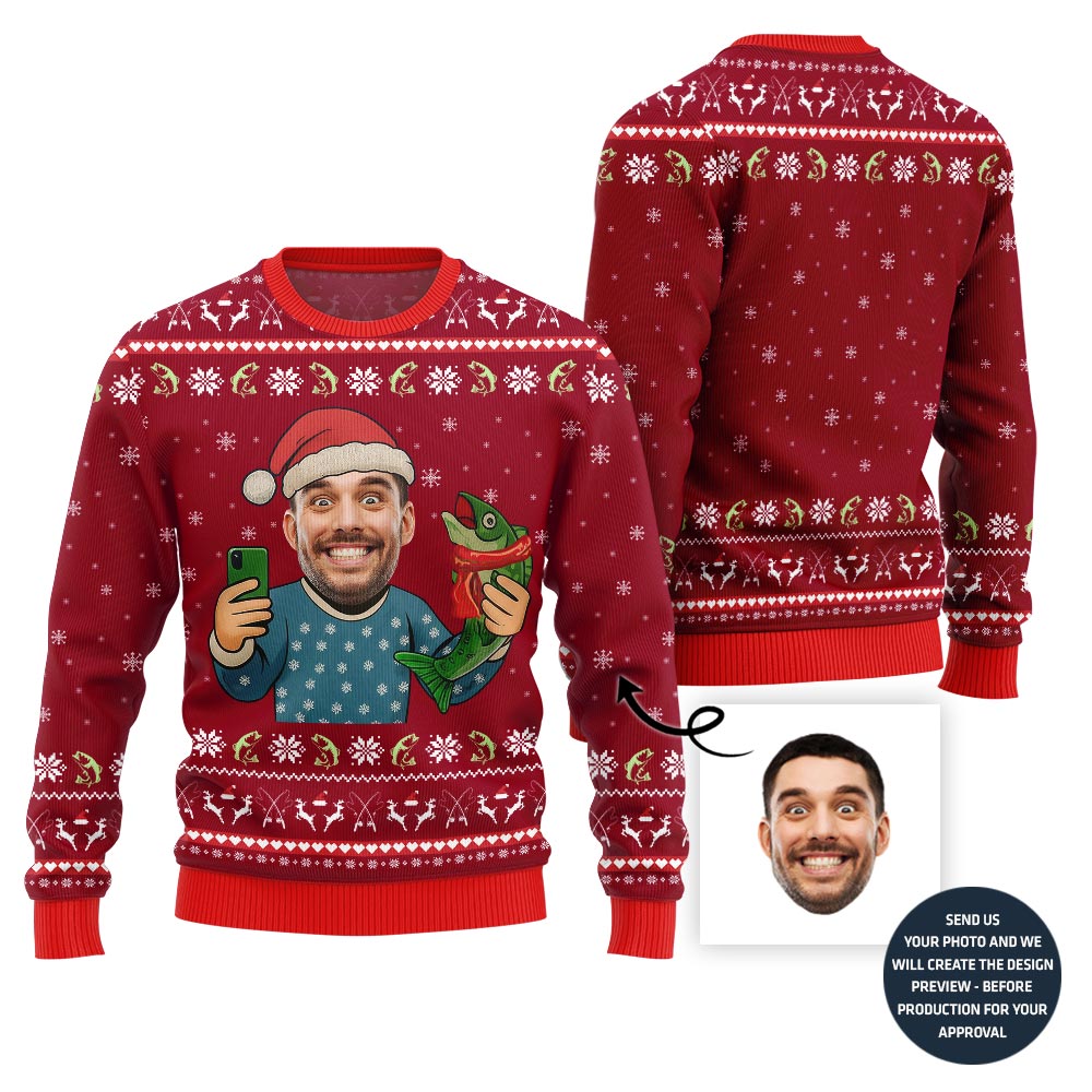 Funny Santa With Fish Custom Face Ugly Christmas Sweater