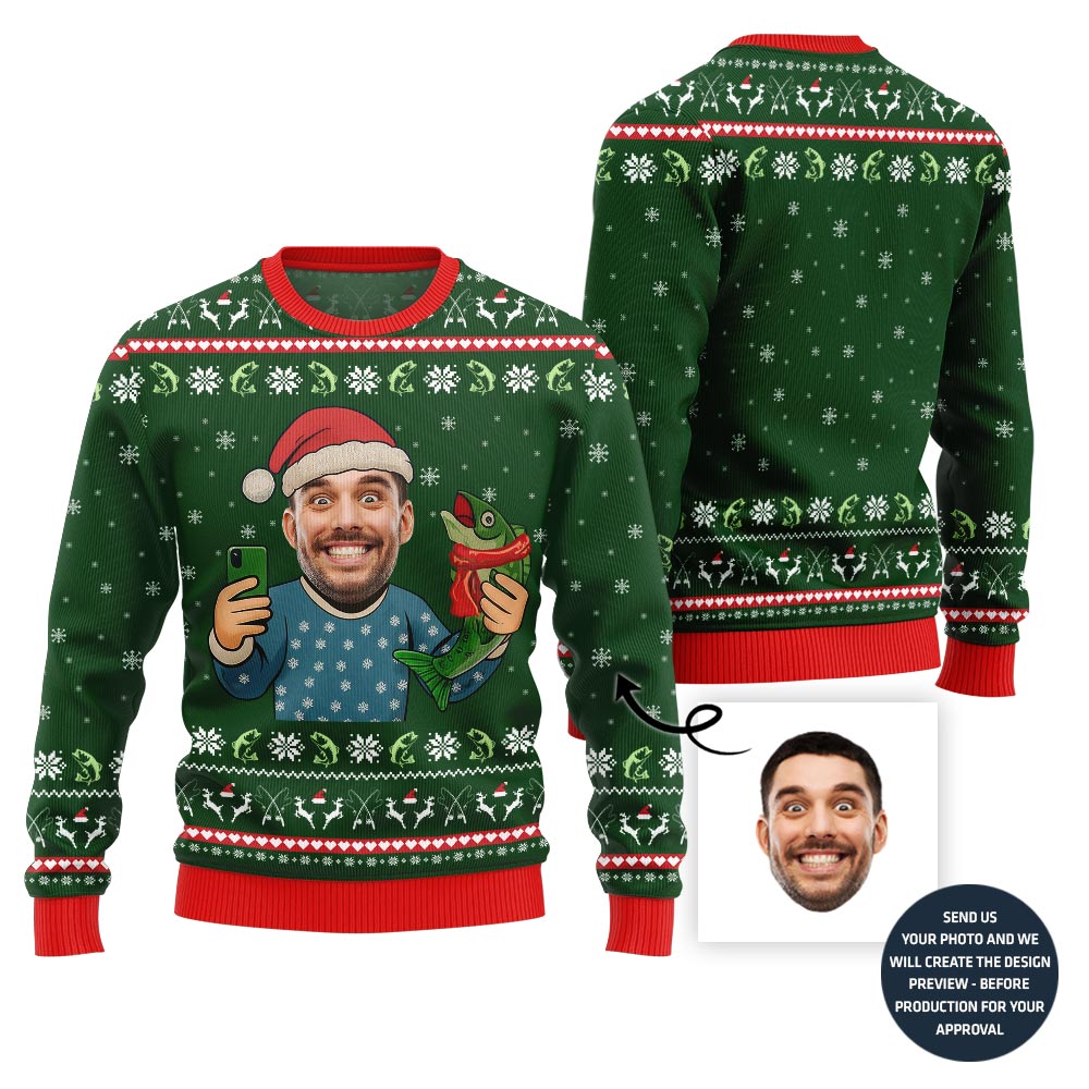 Funny Santa With Fish Custom Face Ugly Christmas Sweater