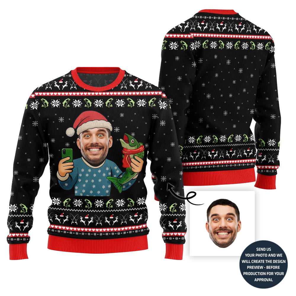 Funny Santa With Fish Custom Face Ugly Christmas Sweater