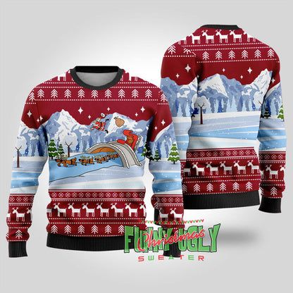 Funny Santa's Sleigh Ugly Christmas Sweater Cardinal Red