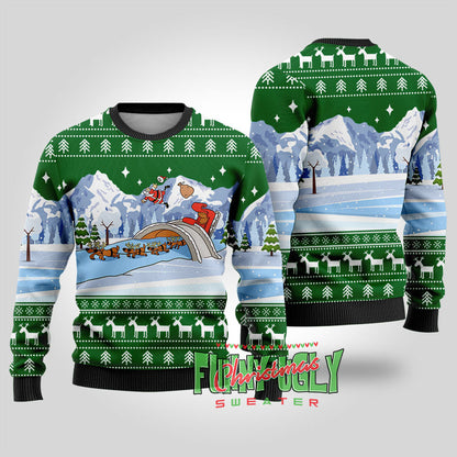 Funny Santa's Sleigh Ugly Christmas Sweater Forest Green