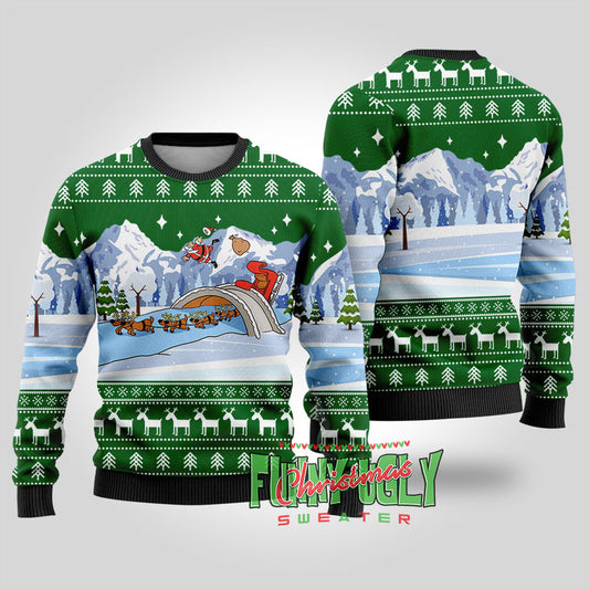 Funny Santa's Sleigh Ugly Christmas Sweater Forest Green