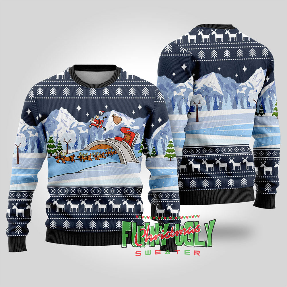 Funny Santa's Sleigh Ugly Christmas Sweater Navy