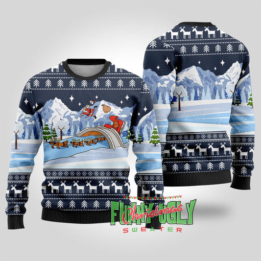 Funny Santa's Sleigh Ugly Christmas Sweater Navy