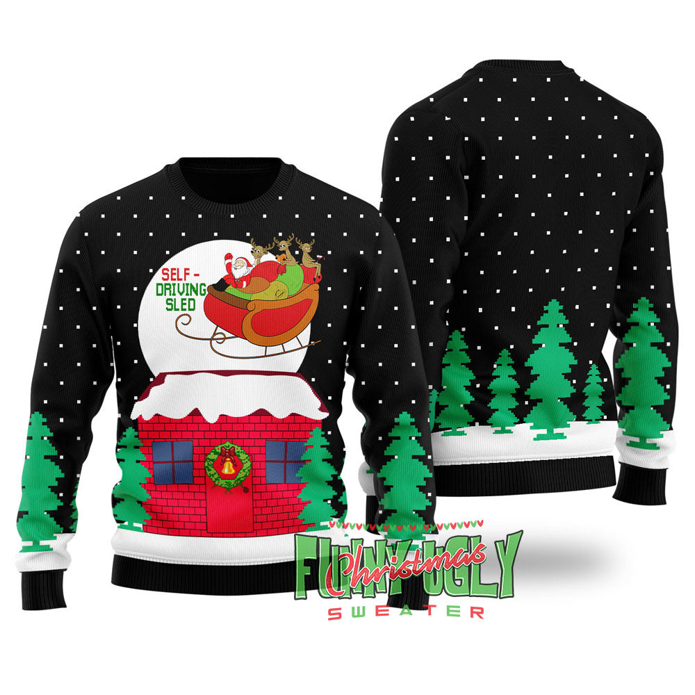 Funny Self-driving Sled Ugly Christmas Sweater Black