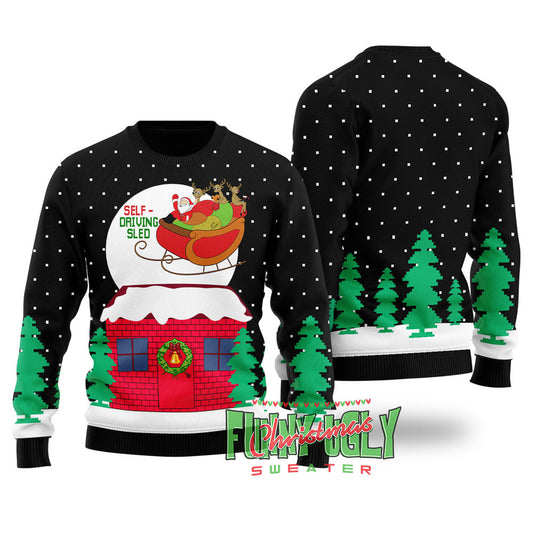Funny Self-driving Sled Ugly Christmas Sweater Black