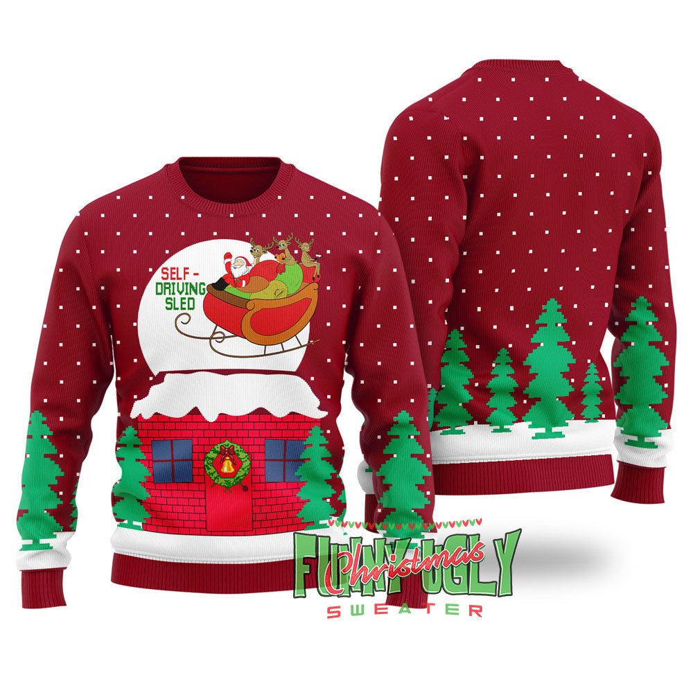 Funny Self-driving Sled Ugly Christmas Sweater Cardinal Red