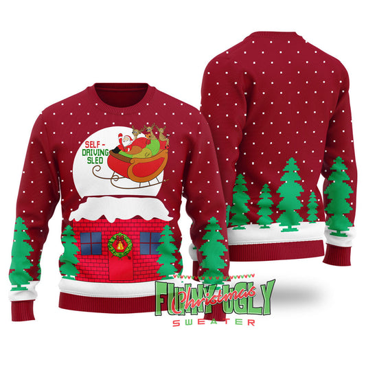 Funny Self-driving Sled Ugly Christmas Sweater Cardinal Red