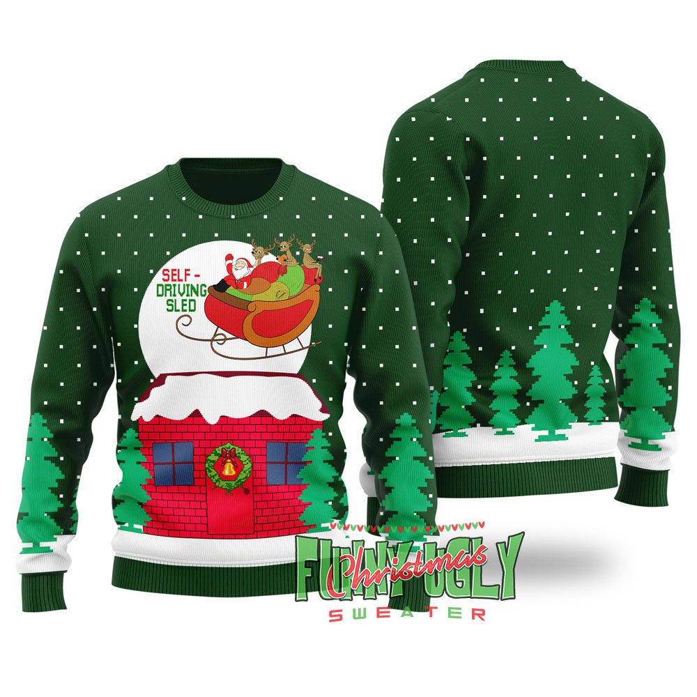 Funny Self-driving Sled Ugly Christmas Sweater Forest Green