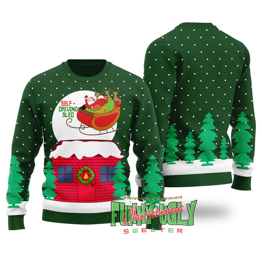 Funny Self-driving Sled Ugly Christmas Sweater Forest Green
