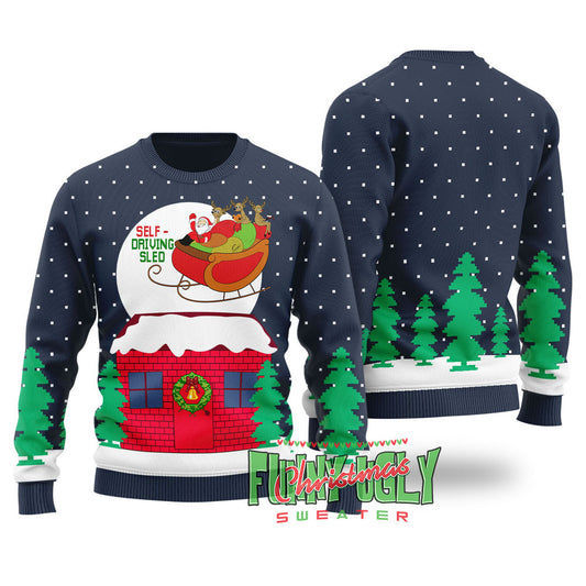 Funny Self-driving Sled Ugly Christmas Sweater Navy