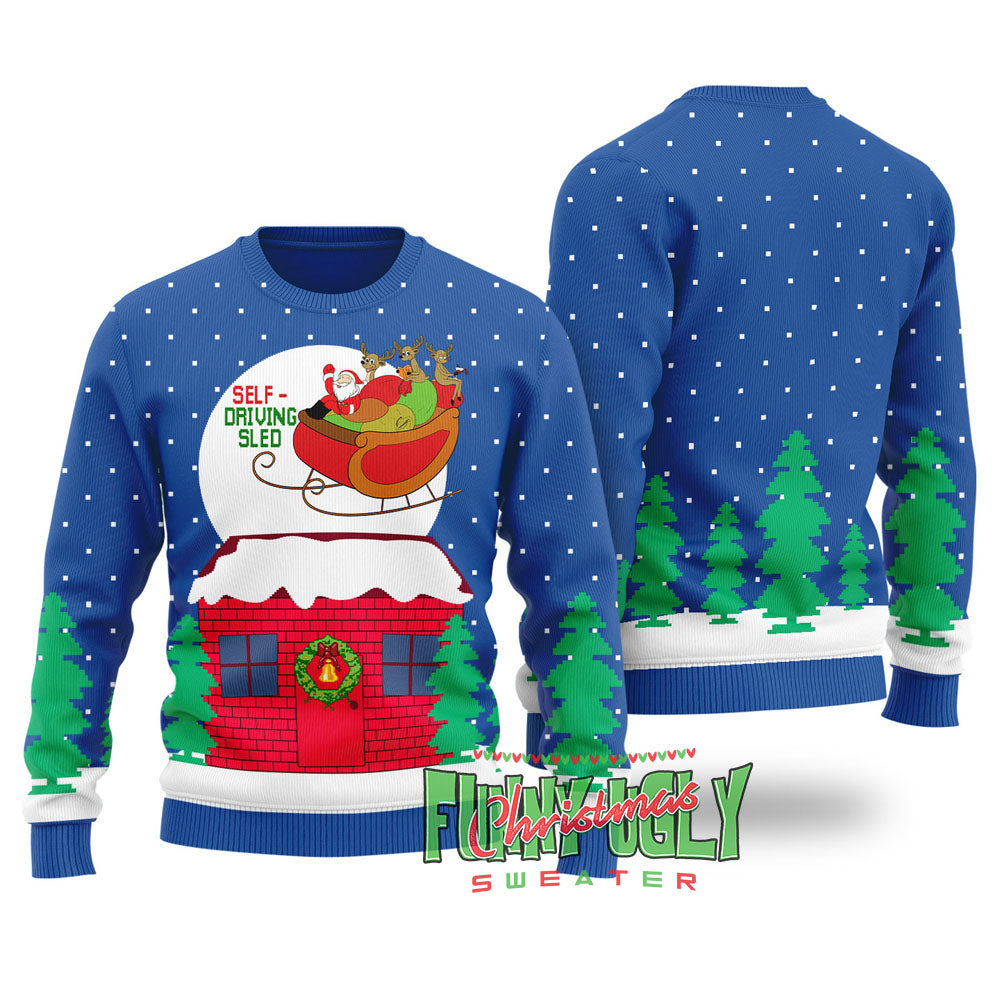 Funny Self-driving Sled Ugly Christmas Sweater Royal