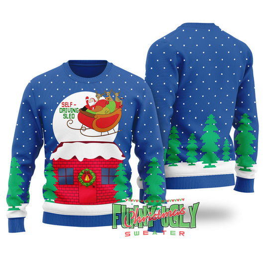 Funny Self-driving Sled Ugly Christmas Sweater Royal
