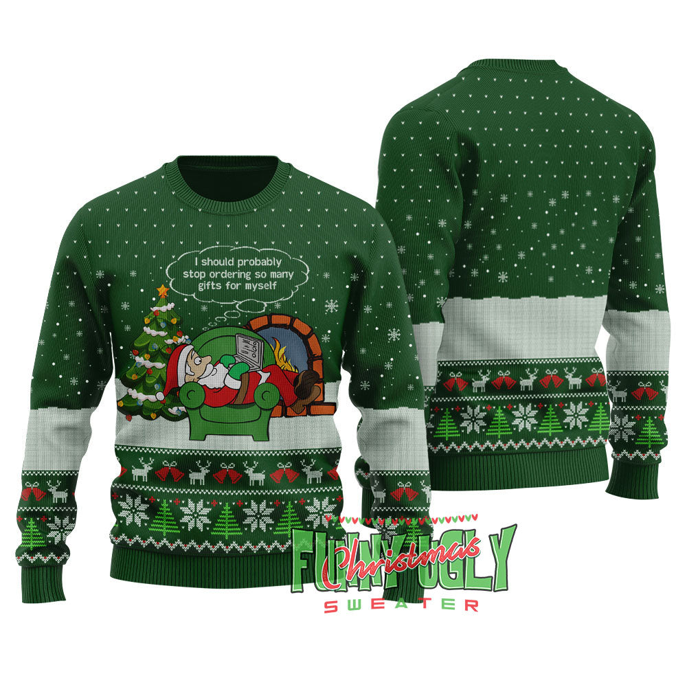 Funny Shopping Santa Ugly Christmas Sweater Forest Green