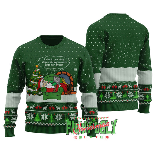 Funny Shopping Santa Ugly Christmas Sweater Forest Green
