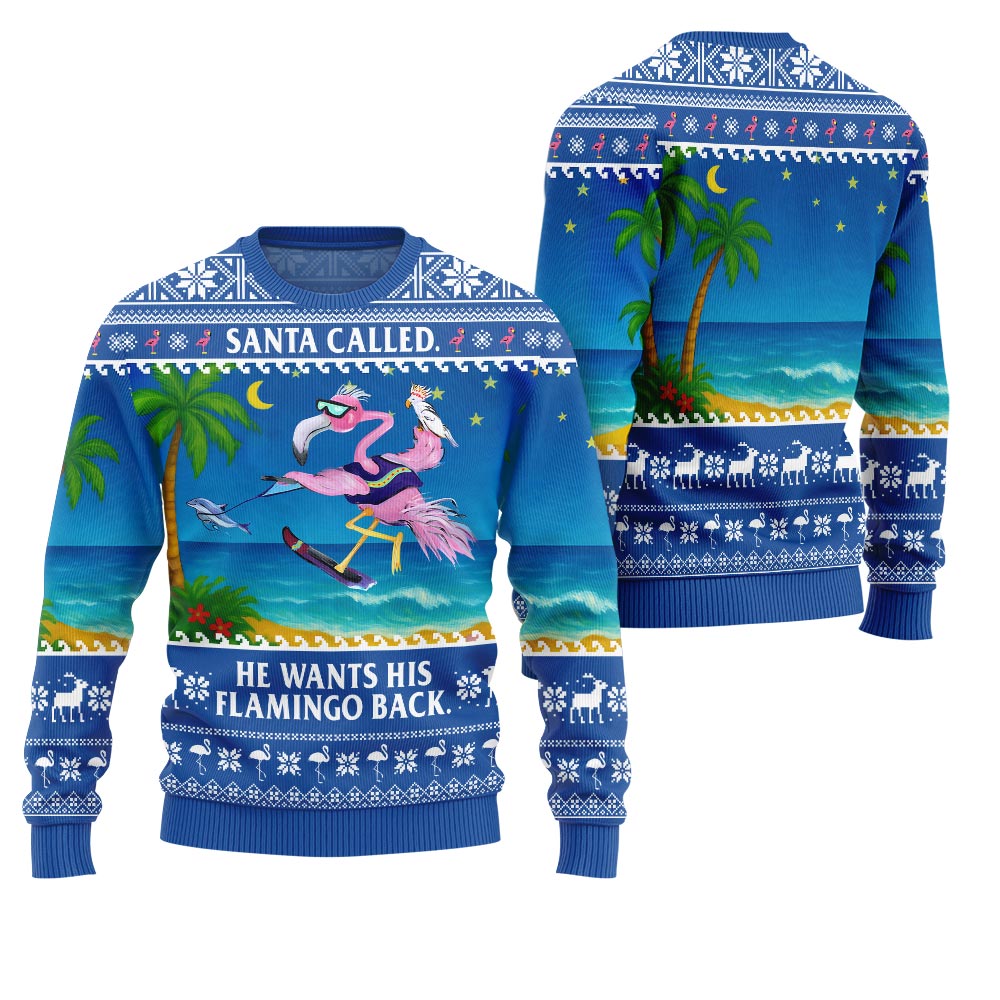 Funny Surfing Flamingo Santa Rescue Ugly Christmas Sweater
