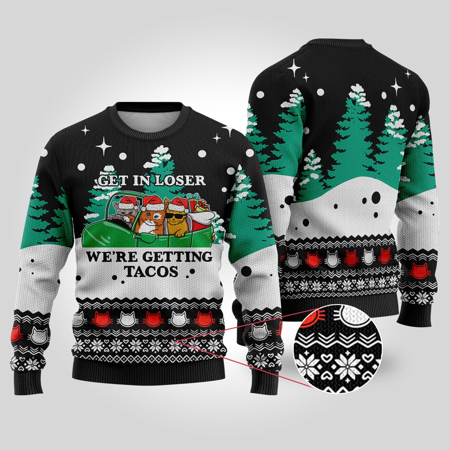 Funny Tacos Cat Christmas Sweater Black