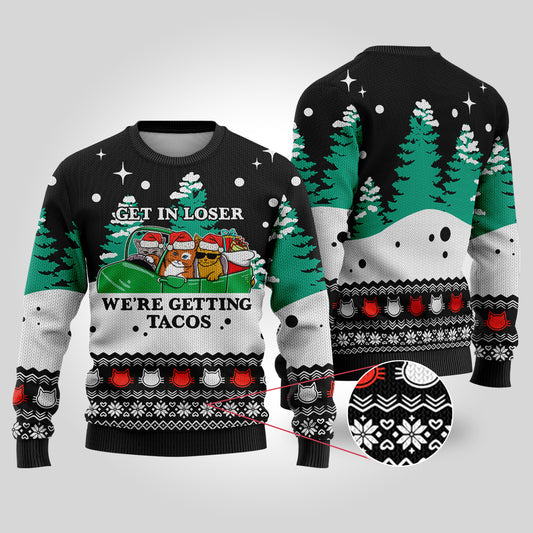 Funny Tacos Cat Christmas Sweater Black