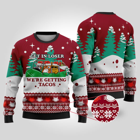 Funny Tacos Cat Christmas Sweater Cardinal Red