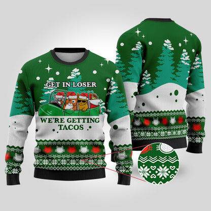 Funny Tacos Cat Christmas Sweater Forest Green