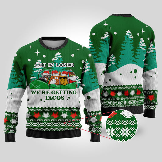 Funny Tacos Cat Christmas Sweater Forest Green