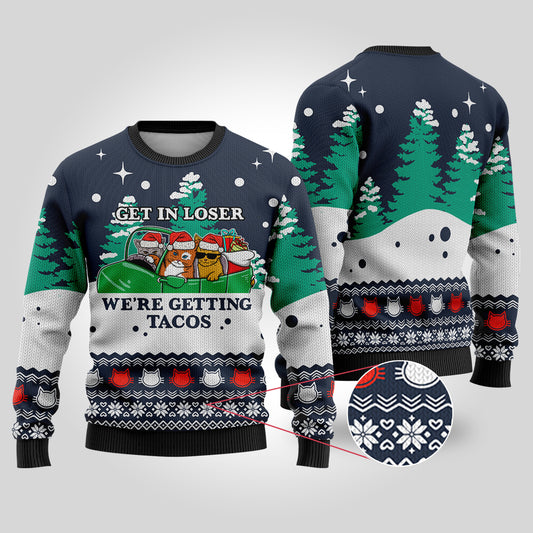 Funny Tacos Cat Christmas Sweater Navy