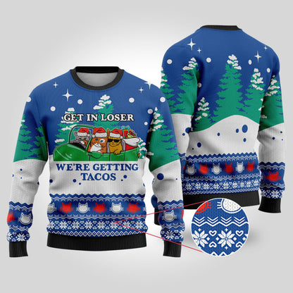 Funny Tacos Cat Christmas Sweater Royal