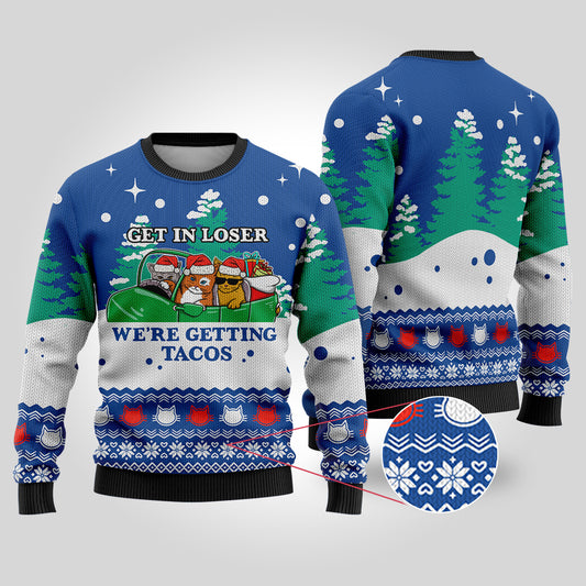 Funny Tacos Cat Christmas Sweater Royal