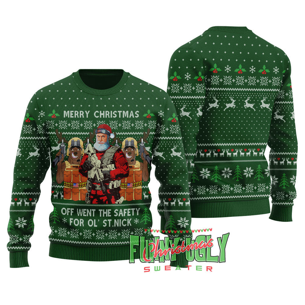 Funny Tactical Santa Ugly Christmas Sweater Forest Green